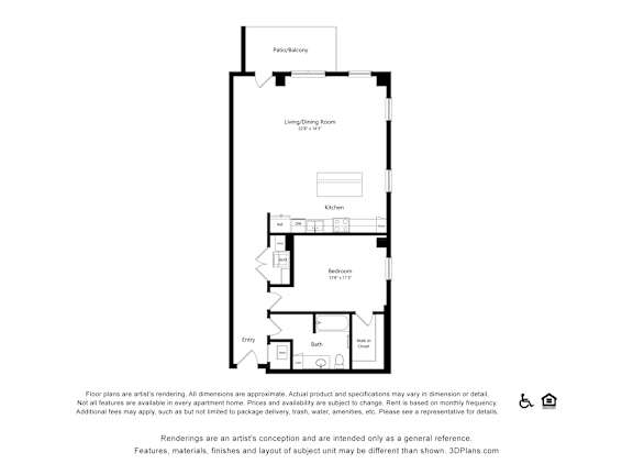 A floor plan of an apartment with a kitchen, living room, and bedroom.