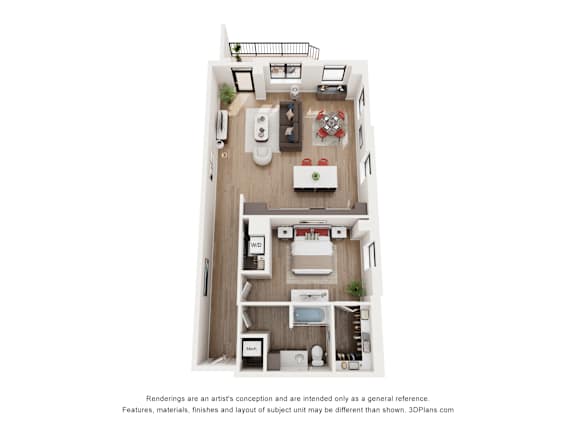 A 3D floor plan of a small apartment with a kitchen, living room, and bathroom.