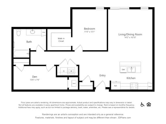 A floor plan of an apartment with a living room, kitchen, bathroom, and den.