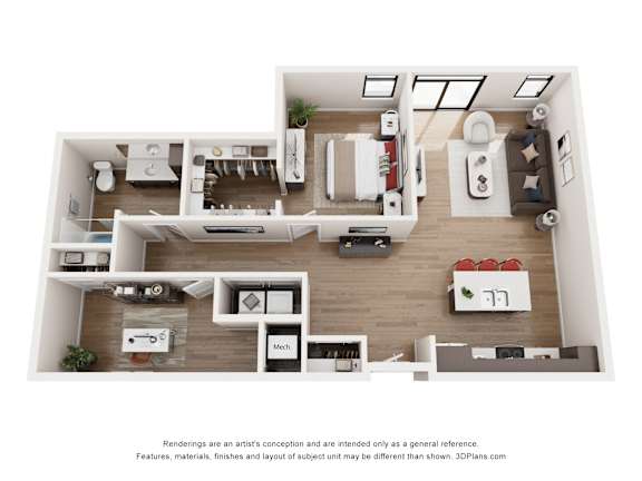 A 3D floor plan of a house with a kitchen, living room, and two bedrooms.