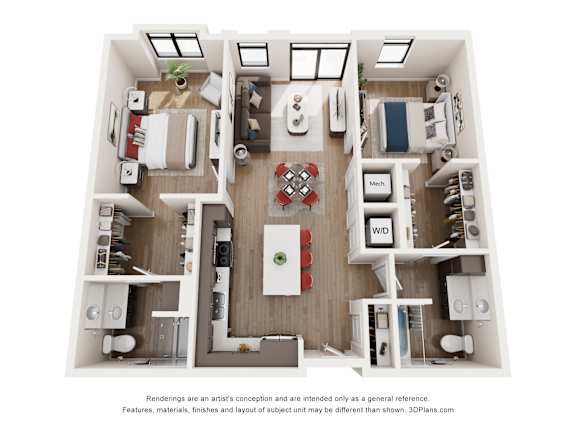 A 3D floor plan of a house with a kitchen, living room, and two bedrooms.