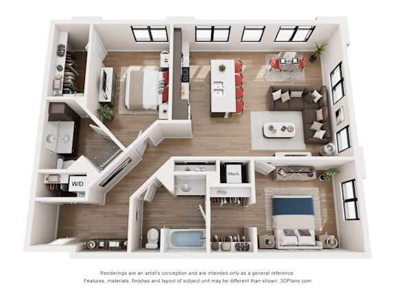A 3D floor plan of a house with labeled rooms.