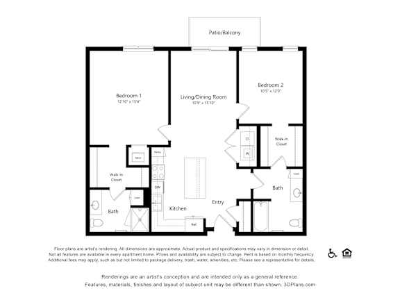 A floor plan of an apartment with two bedrooms, a living room, a kitchen, and a bathroom.