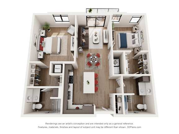 A 3D floor plan of a house with a kitchen, living room, and two bedrooms.
