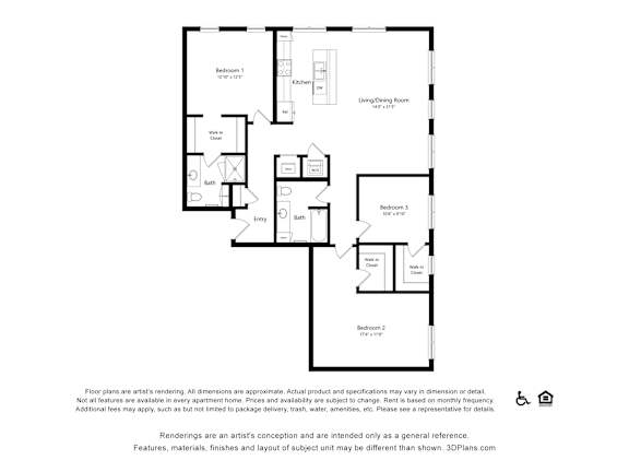 A floor plan of an apartment with three bedrooms, a living room, and a kitchen.