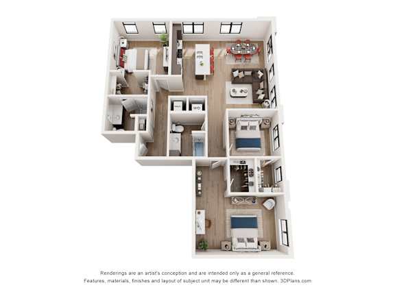 A 3D floor plan of a house with a kitchen, living room, and two bedrooms.