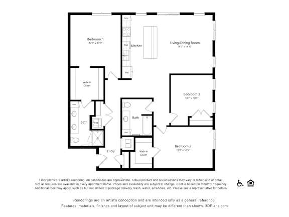 A floor plan of an apartment with three bedrooms, a living room, a kitchen, a bath, a walk-in closet, and an entry.