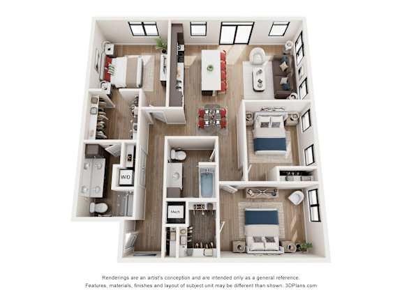 A 3D floor plan of a house with a kitchen, living room, and two bedrooms.