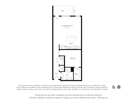A floor plan of a studio apartment with a living room, kitchen, and bathroom.