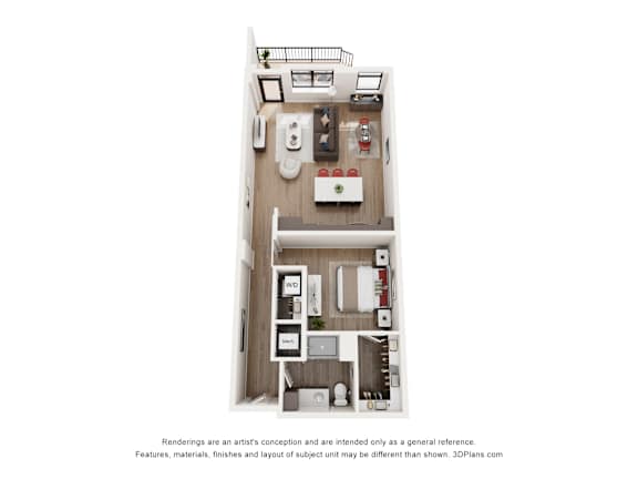 A 3D floor plan of a small apartment with a kitchen, living room, and bathroom.