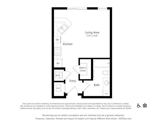 A floor plan of an apartment with a living area, kitchen, bath, entry and a rear window.