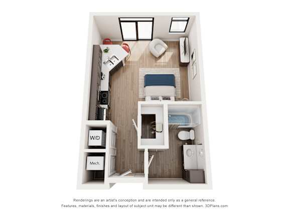 A 3D floor plan of a small apartment with a kitchenette, a bed, and a work area.