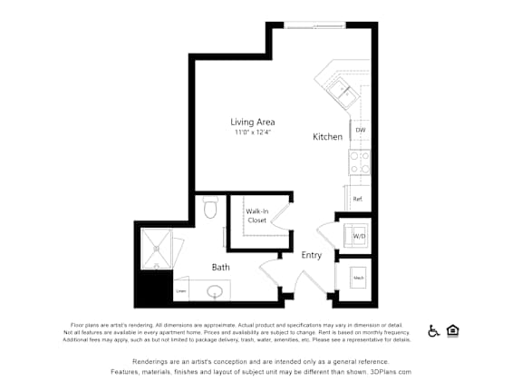 A floor plan of an apartment with a living area, kitchen, bathroom, and entry.