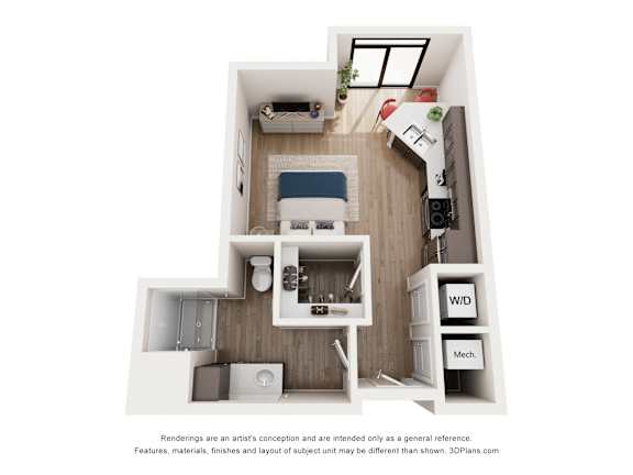 A 3D floor plan of a small apartment with a kitchen, living room, and bathroom.