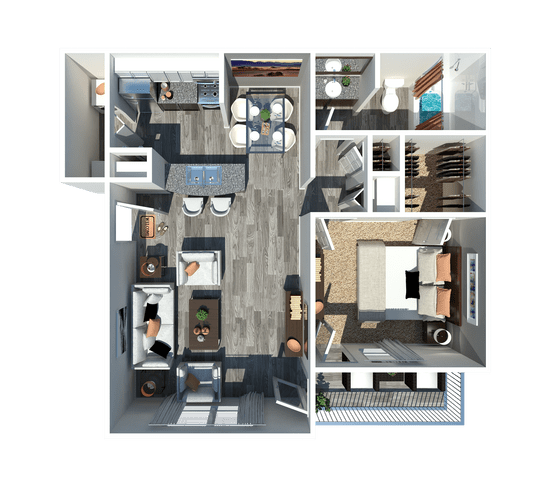 a 3d floor plan of a bedroom with a bathroom and a living room