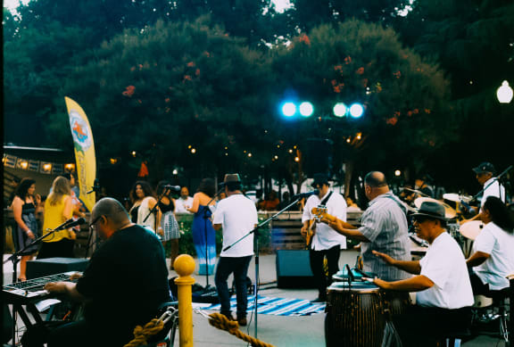 a group of people playing musical instruments in a park at night