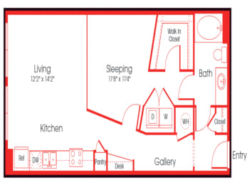 A red floor plan of a house with a living room, kitchen, sleeping area, bathroom, and gallery.