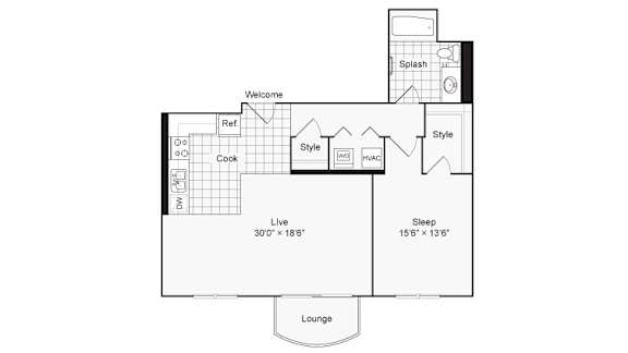 A floor plan of a house with a living room, dining room, kitchen, and two bedrooms.
