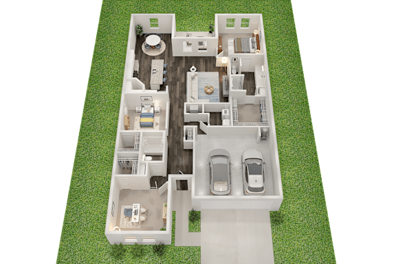 A 3D rendered image of a house layout with two bedrooms, a living room, a kitchen, a dining room, and two garages.