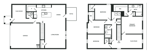 Two black and white floor plans of a house with labeled rooms.