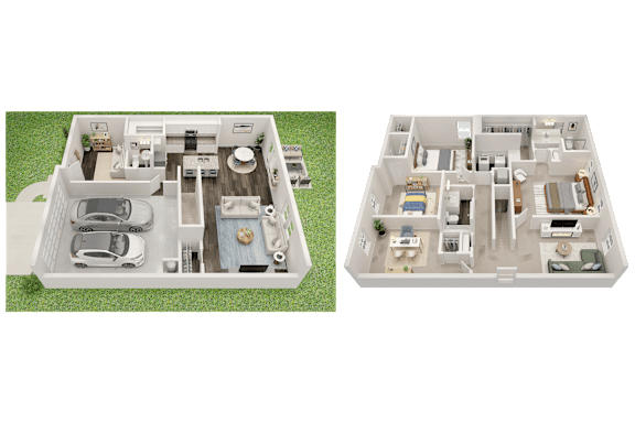 Two images of a house layout with a car parked in the driveway.