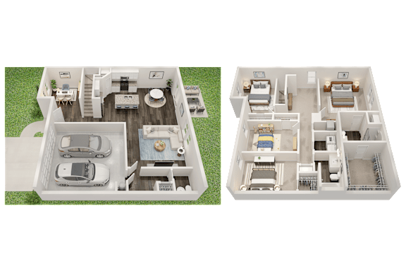 Two images of a house layout with a front and back view.