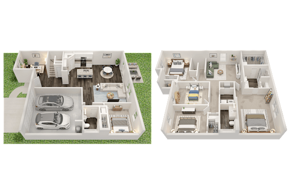 Two images of a house layout with a garage and a living area.