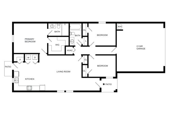 A black and white floor plan of a house with a living room, kitchen, two bedrooms, a bathroom, a garage, and a patio.