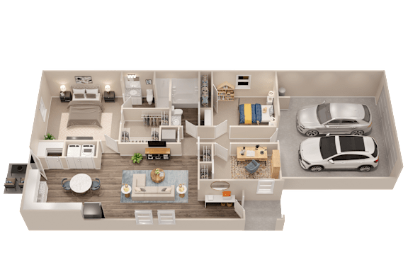 A 3D floor plan of a house with a car parked in the garage.