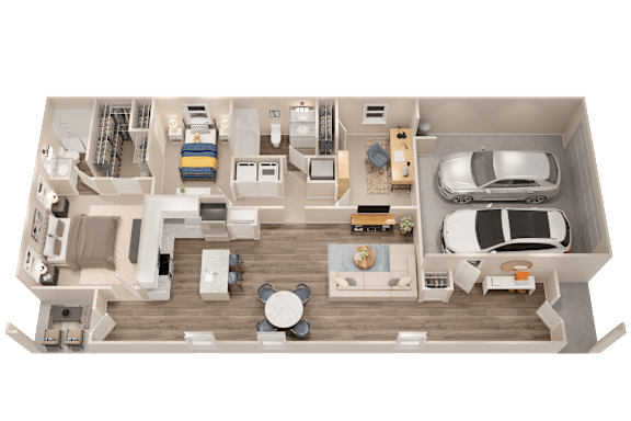 A top-down view of a well-furnished living space with a kitchen, dining area, and a car parked in the driveway.