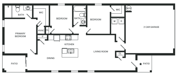 A black and white floor plan of a house with a living room, kitchen, dining room, and two bedrooms.