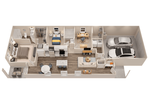 A 3D floor plan of a house with a kitchen, living room, dining room, and bedrooms.