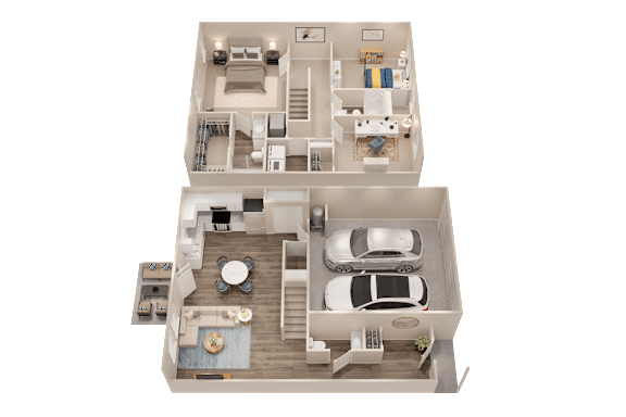 A 3D floor plan of a two-story house with a garage.
