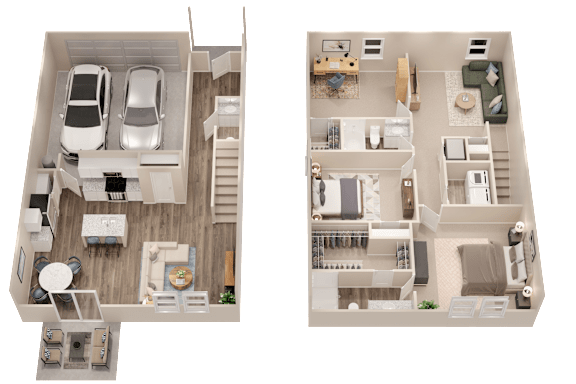 A top down view of a two-bedroom apartment with a living room, kitchen, and bathroom.