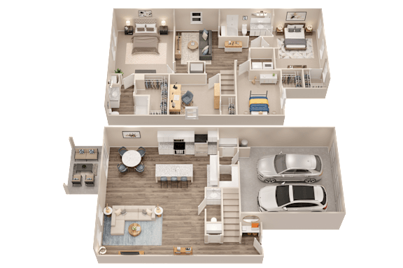 A 3D floor plan of a two-story residential building.