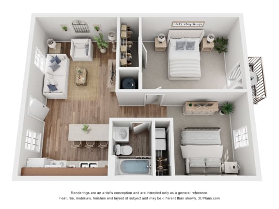 a 1 bedroom floorplan is shown with a bedroom and living room