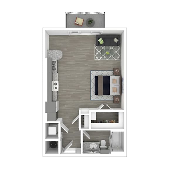 Floor Plan  A top-down view of a small apartment with a kitchen, living room, and bathroom.