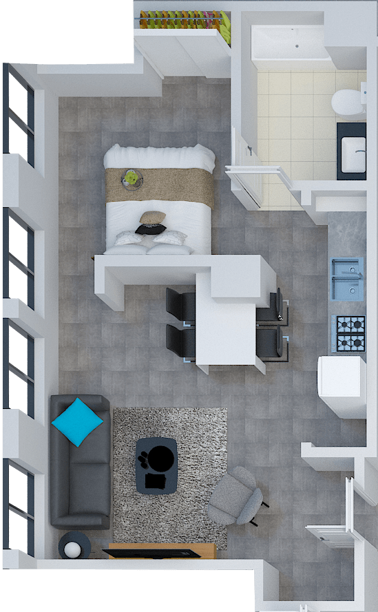 a floor plan of a studio apartment with a bedroom and a living room
