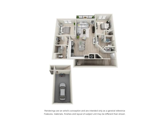 A floor plan of a house with a garage and a car.