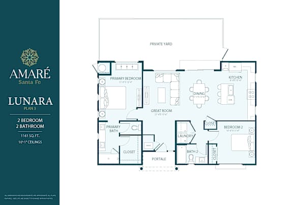 Amare Santa Fe Lunara floor plan with 2 bedrooms and 2 bathrooms.