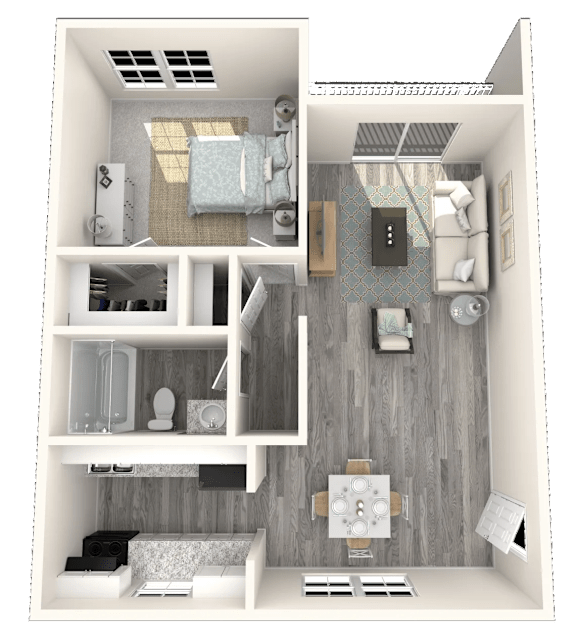 A 3D rendered image of a small, modern apartment layout.