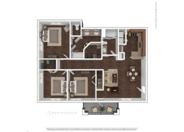 A floor plan of a house with a kitchen, living room, and two bedrooms.
