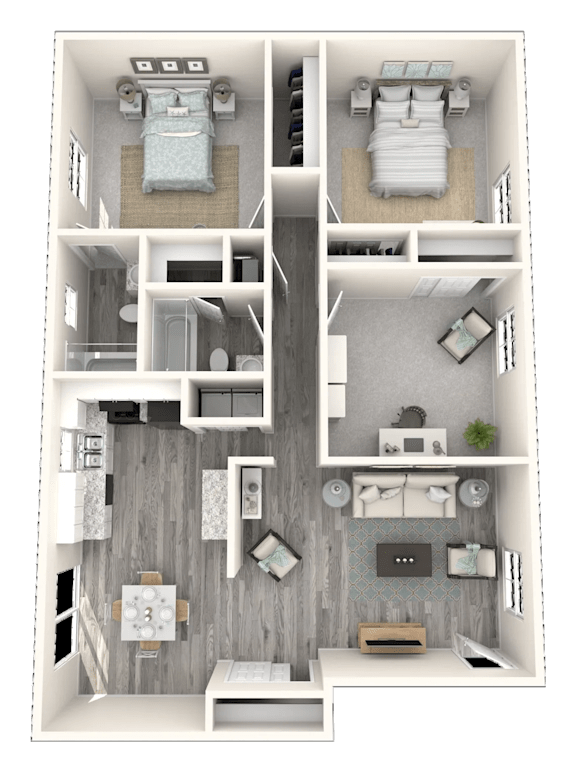 A 3D floor plan of a small apartment with two bedrooms and a living area.