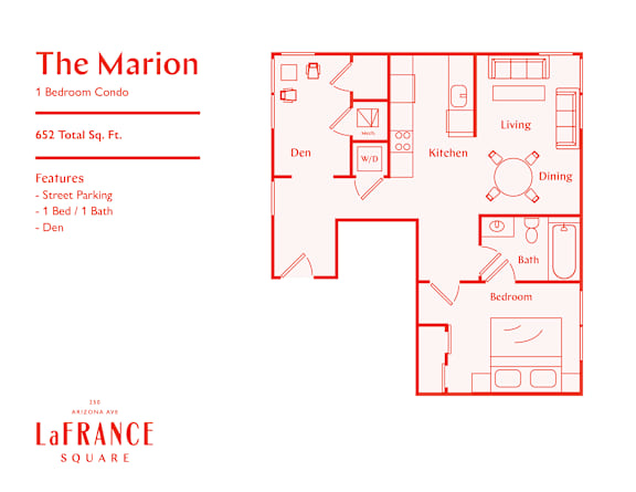 A red floor plan of a one bedroom condo with a list of features and the address LaFrance Square.