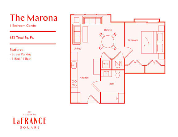 A floor plan of a one bedroom condo with a living room, dining room, kitchen, and bath.