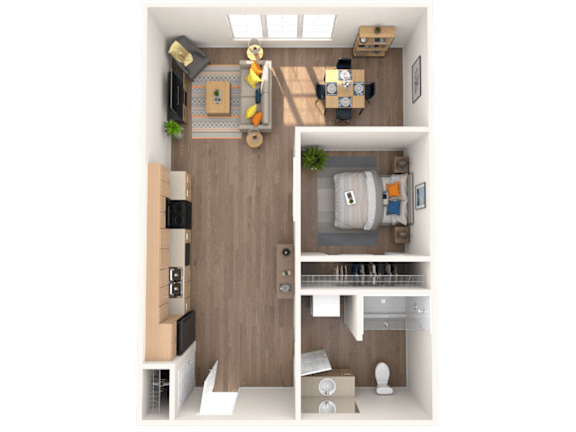 A top-down view of a small, well-organized apartment with a kitchen, living room, and bedroom.