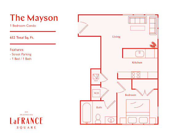 A red line drawing of a one bedroom condo layout.