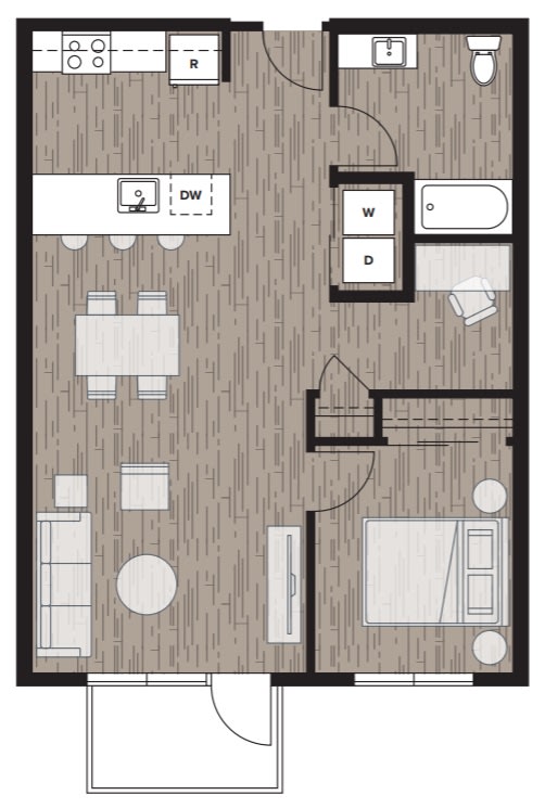 Floor Plan  1 bed 1 bath floor plan D at Riverfront Everett, Everett, WA, 98101
