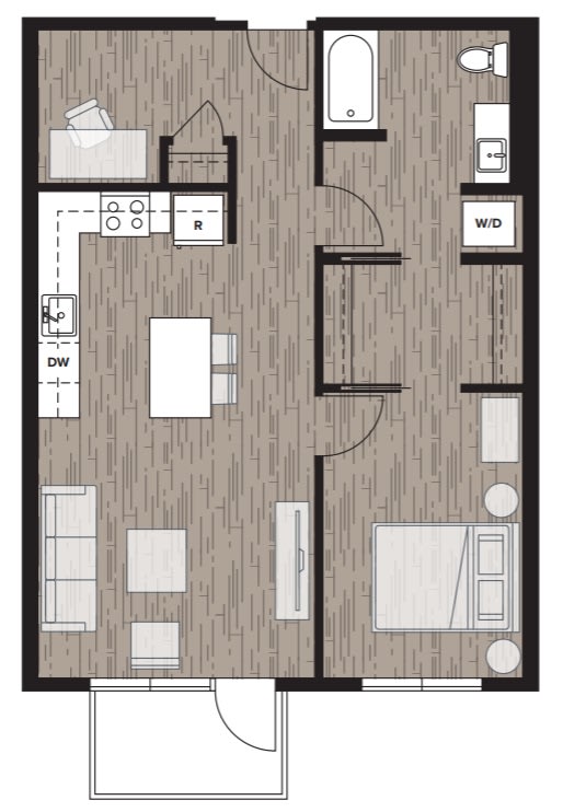 Floor Plan  1 bed 1 bath floor plan F at Riverfront Everett, Everett, 98101