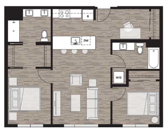 2 bed 2 bath floor plan J at Riverfront Everett, Everett, WA, 98101